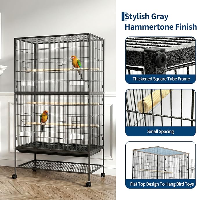 GarveeHome 60" H Large Bird Cage, Bird Cage with Rolling Storage Stands, Feed Bowls, Wide Tall Parakeet Cage for Parrots, Conures, Cockatiel, Cockatoo