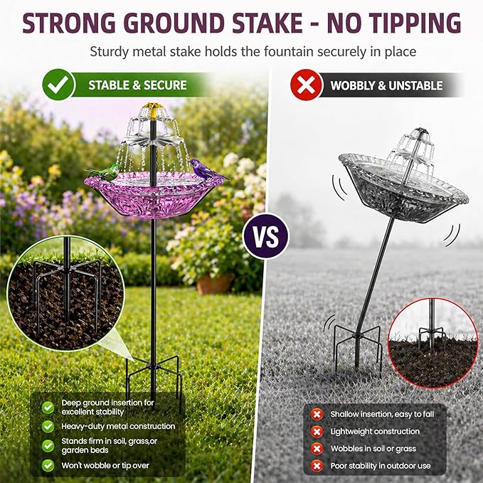 Bird Bath Fountain Solar for Outside, Outdoor Water Fountain Plastic, Attracts Birds with Cascading Spray for Yard & Patio (Purple(XL))