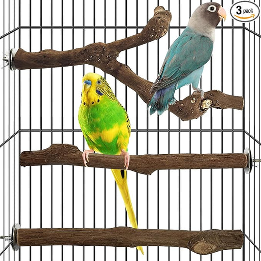 kathson 3pcs Natural Parrot Perch for Cage Wooden Bird Perches Grape Bird Stick Parakeet Climbing Standing Branches Toy Chewable Cage Accessories for Small Budgies Cockatiels Lovebirds Budgies