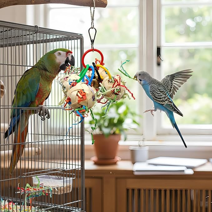 Bird Toy, Bamboo Ball Shredded Paper Parrot Foraging Tearing and Climbing Hanging Toy, Suitable for Parakeet Conure Cockatiel and Lovebird