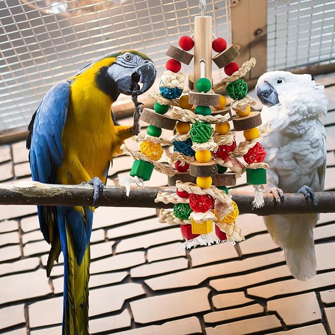 Seenelling 3 Pcs Extra Large Bird Parrot Toy Multicolored Natural Wooden Parrot Cage Chewing Toys for Large Medium Macaws Cockatoos African Grey Birds (Ring and Ball)