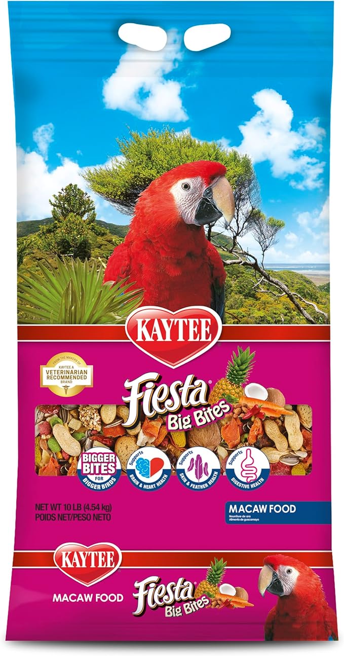 Kaytee Fiesta Big Bites Macaw Food, Nutritious and Fun Blend, Supports Skin, Feather, Digestion, Brain and Heart Health, 10 pounds