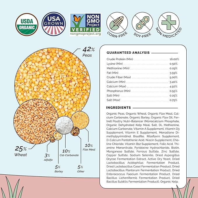 Mile Four Organic Chicken Feed (46 lbs) Layer Whole Grain, Non-GMO, USA Grown, 16% Protein, Corn-Free, Soy-Free, Non-Medicated Feed for Chickens