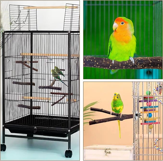 BNOSDM 5PCS Bird Mirror with Perches Stand Parrot Natural Wood Stick Perches Forked Perch Branch Parakeet Toy Set Bird Cage Accessories for Budgie Cockatiel Conure Finch Lovebird
