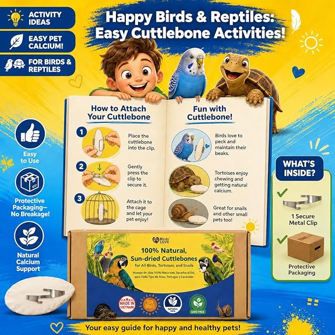 Birds LOVE 7.5-8" Cuttlebone for Birds – 100% Natural Sun-Dried Calcium Carbonate Mineral Supplement – for Parakeets, Budgies, Cockatiels, Finches & Canaries – 12 Pack with Holder – Made in Vietnam