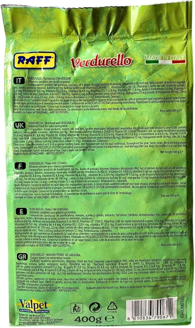 Raff Verdurello 400g - Soft Bird Food with Enriched Egg and Dehydrated Vegetables - Canary & Parakeet Food - Bird Health Supplement for Molting & Feather Growth