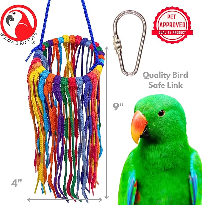 Bonka Bird Toys 51214 Small Aglet Heaven Cotton Shoelace Toy with Plastic Aglets and 2" Ring for Parakeets Cockatiels Quakers Pionus Small Bird Enrichment (Pack of 2)