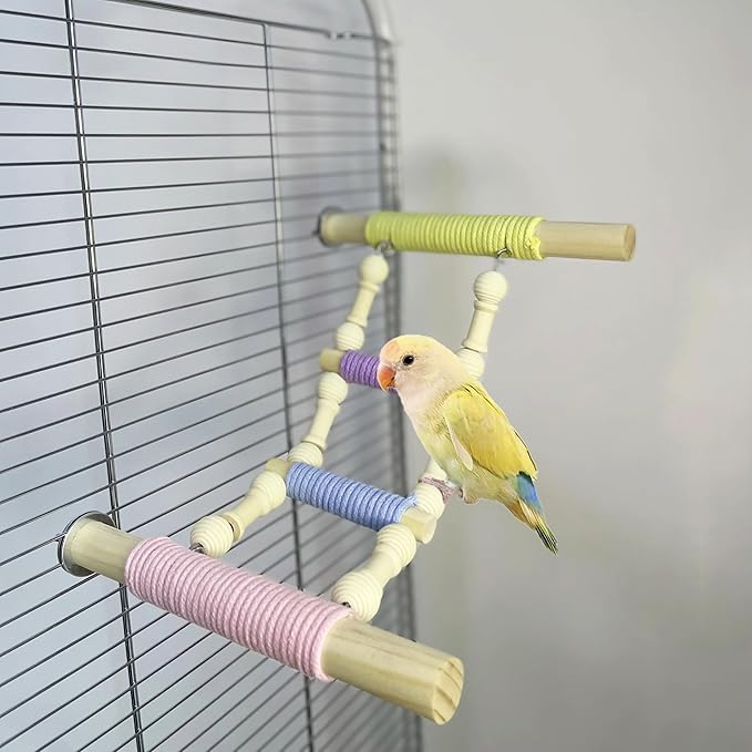 4-Step Colorful Bird Ladder Perch with Screws for Parakeets Cockatiels Lovebirds — Natural Wood & Cotton Rope Climbing Toy for Bird Cage (Screw-Mounted)