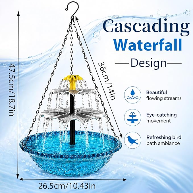 Hanging Bird Bath with Textured Bowl and Metal Chains, Solar Fountains with Cascade Flow for Outdoor Garden, Patio, and Yard Decor (Pink(XL))