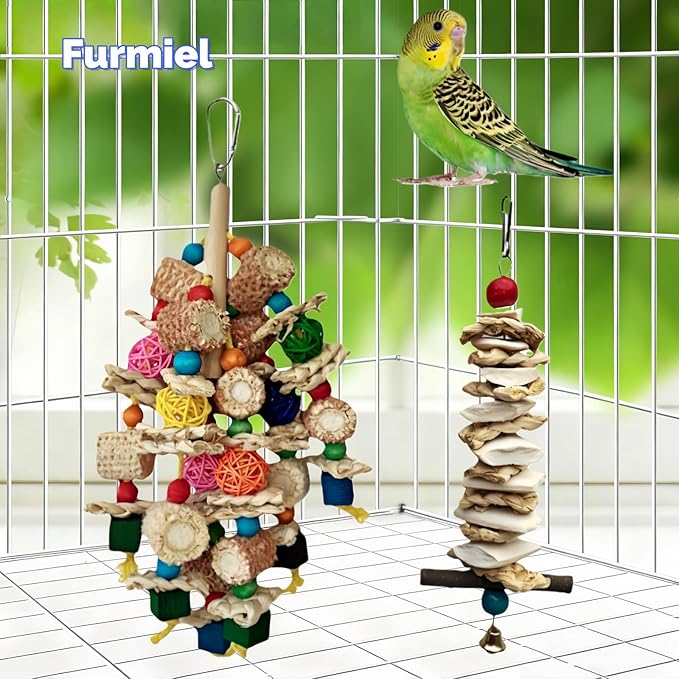 Bird Parrot Toys for Cage, 2 Pack Chew Toys with Corn Cob, Cuttlebone & Colorful Blocks for Small to Medium Parrots Like Parakeets, Conures, Cockatiels (Colorful Toy + Cuttlefish Bone)