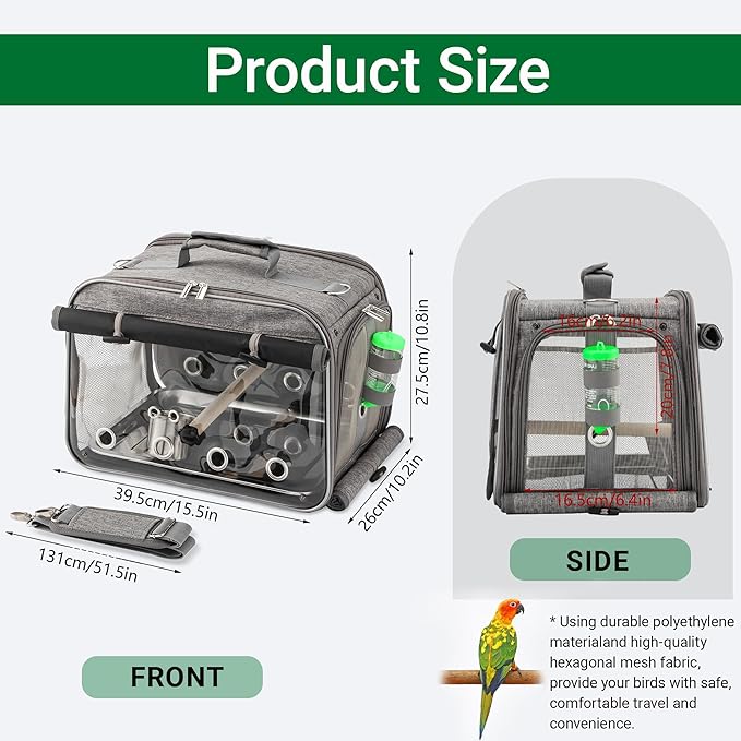 Sanmoncare Airline Approved Bird Carrier, Indestructible Stainless Steel Mesh Parrot Travel Cage, Cockatiels Travel Carrier Lightweight and Portable with Water Bottle and Bowl