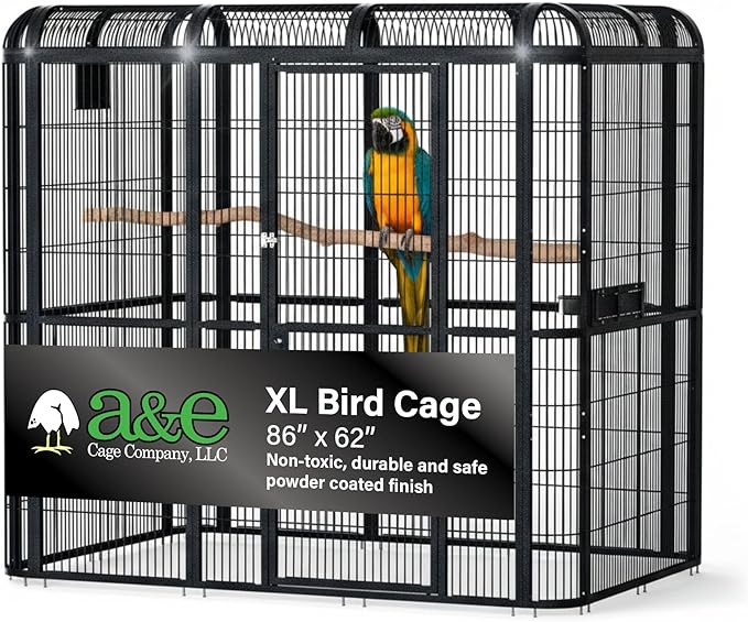 A&E Cage Co WI8662 Black Walk-in Bird Aviary – 86" x 62" x 79" Large Parrot Cage with Front Door – Includes 3 Feeder Doors, Stainless Steel Bowls & Durable Powder Coated Finish