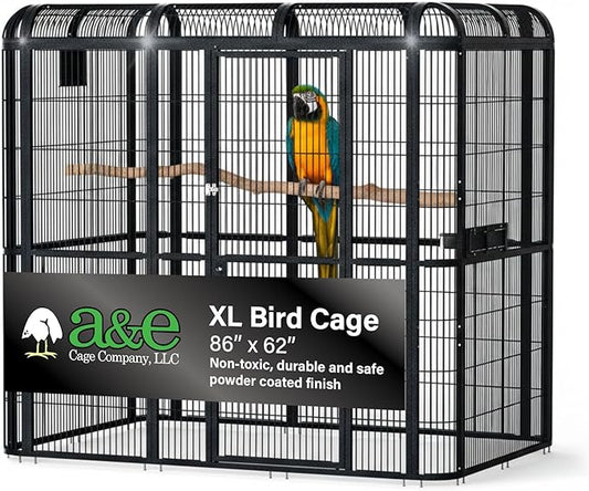A&E Cage Co WI8662 Black Walk-in Bird Aviary – 86" x 62" x 79" Large Parrot Cage with Front Door – Includes 3 Feeder Doors, Stainless Steel Bowls & Durable Powder Coated Finish
