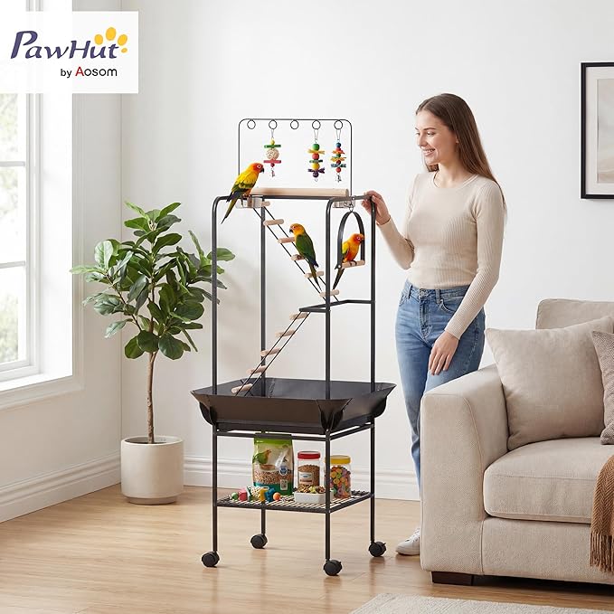 PawHut 64" H Rolling Bird Stand Parrot Playstand with Seed Guard & Wheels, Steel Bird Playground Gym with Ladders, Swing, Toy Hook & Bowls, Large Parrot Perch for Cockatiels, Conures, Parakeets
