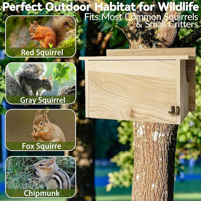oyhqes Squirrel House Outside, Squirrel Wood Nesting Box with Window, Wooden Houses with Predator Guard, Hanging Shelter for Squirrels, Chipmunks, Birds, and Backyard Small Wildlife