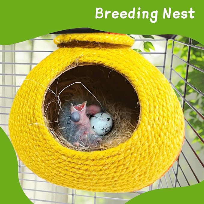 Bird Nest,Parrot Breeding House,Parakeet Natural Coconut Shell Hut,Hanging Budgie Nesting House with Coconut Fiber,Cockatiel Bed for Conure Lovebird Finch Birds,Orange&Yellow