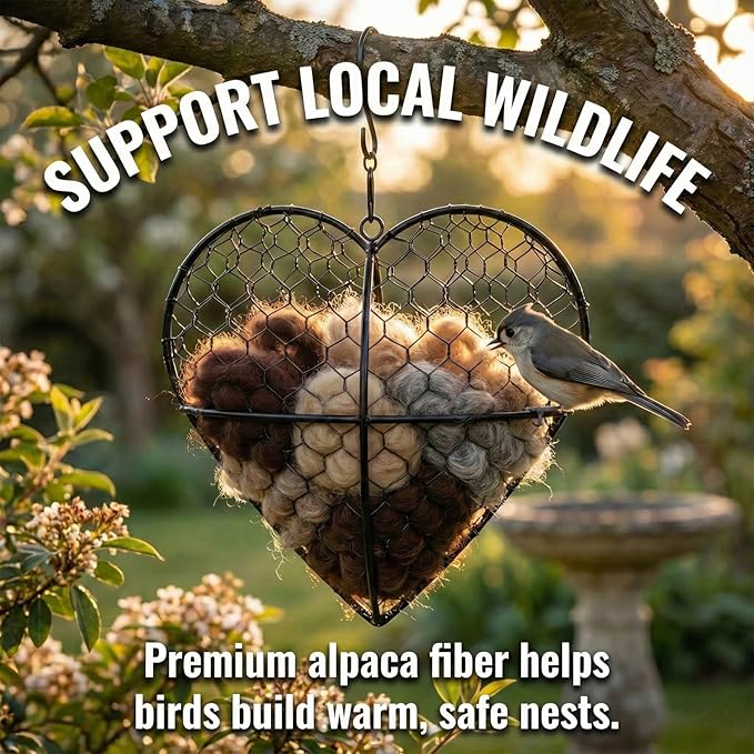Handmade Alpaca Fiber Bird Nesting Heart - Refillable Bird Nesting Material Holder & Garden Decor - Alpaca Wool for Bird Nesting Dispenser & Nesting Material for Wild Birds Station (Black)