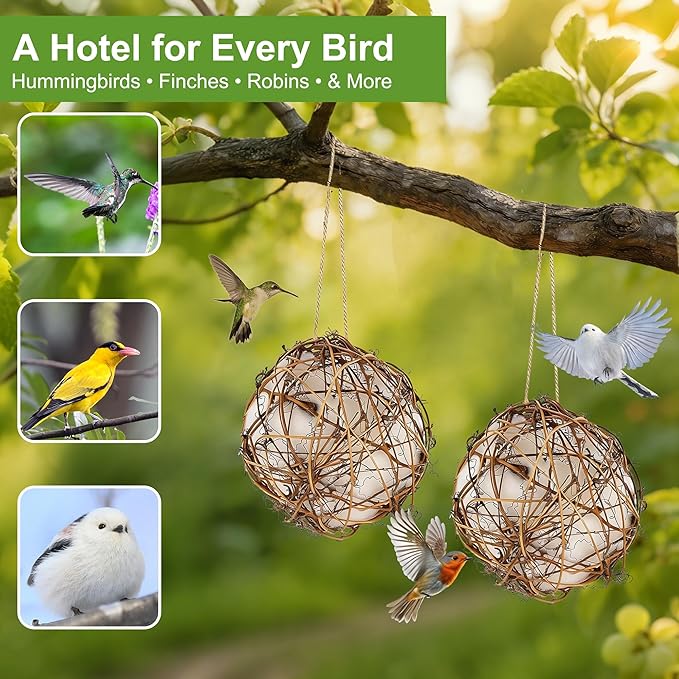 winemana Bird Nesting Material Holder for Hummingbirds, 3 Pack Natural Nesting Balls with Cotton Fibers for Wild Birds Outdoor Hummingbird House Gift for Bird Lovers Refillable