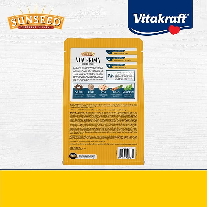 Sunseed Vita Prima Parakeet Food 2 lb - Grains Seeds Vegetables Fruits and Live Micro Organisms Delivering Wholesome Daily Nutrition and Foraging Variety Your Parakeet Deserves