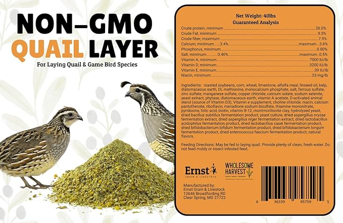 Non-GMO Quail Layer Feed 26% - Premium 40 lb Food for Laying Birds, Button Food