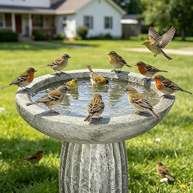 SKYFIRE 24.4" Pedestal Bird Bath for Outdoor, Geometric Fluted Concrete Birdbath with Tree Trunk Decor, Durable Fibre Reinforced Birdbath for Garden, Patio, Lawn & Backyard