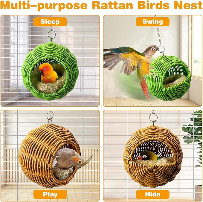 Rattan Birds Nest for Cage Hanging Parakeet House Chewproof Parrot Breeding Bed Small Budgies Hideout Swing Hut Bird Cage Accessories for Lovebirds Cockatiel Conure Finch Canary (Brown)