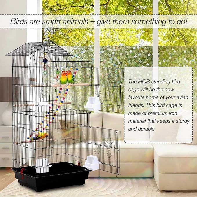 HCY, Bird Cage, Parrot Cage 39 inch Parakeet Cage Accessories with Bird Stand Medium Roof Top Large Flight cage for Small Cockatiel Canary Parakeet Conure Finches Budgie Lovebirds Pet Toy