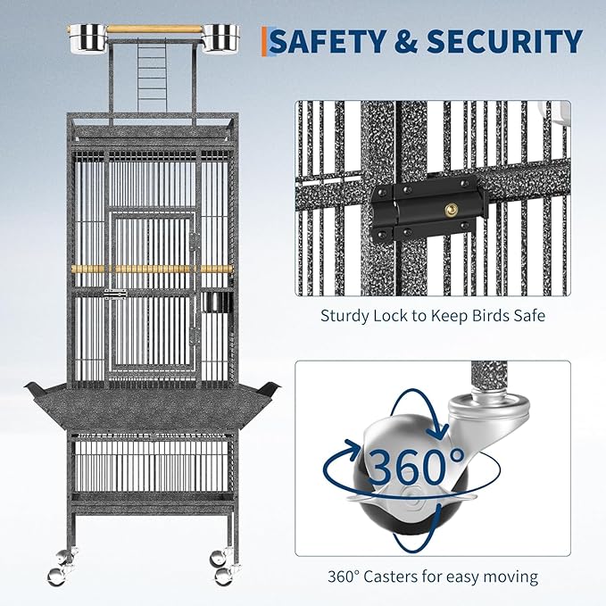 TrailBlaze Spacious 61.5 Inch Large Metal Bird Cage with Play Top and Rolling Stand, Tall Parrot Cage with Feed Bowls for Cockatiels, Conures, Cockatoos, Parakeets, Durable Wrought Iron