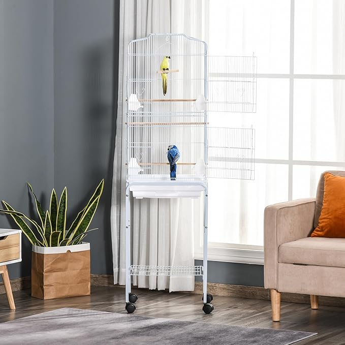PawHut 60" Metal Indoor Bird Cage Starter Kit With Detachable Rolling Stand, Storage Basket, And Accessories, White