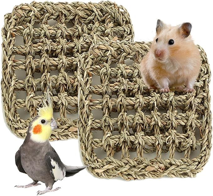 2 PCS 7 x 7 Inches Seagrass Mat, Natural Seagrass Woven Bird Net Hammock Mat, Cage Accessories, Climbing Rope Ladder Chew Toys for Parrots, Cockatoos, Lovebirds, Cockatiels, Budgies, Parakeets