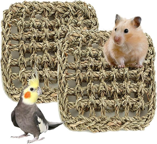 2 PCS 7 x 7 Inches Seagrass Mat, Natural Seagrass Woven Bird Net Hammock Mat, Cage Accessories, Climbing Rope Ladder Chew Toys for Parrots, Cockatoos, Lovebirds, Cockatiels, Budgies, Parakeets