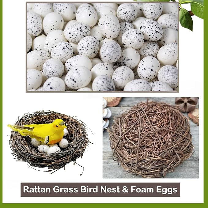 6pcs Small Faux Bird Nest with Eggs for Crafts, Artificial Rattan Birds Nest for Easter Wedding Home Paty Christmas Tree Decoration (6pcs Mixed Small Size Nest,12pcs Eggs)