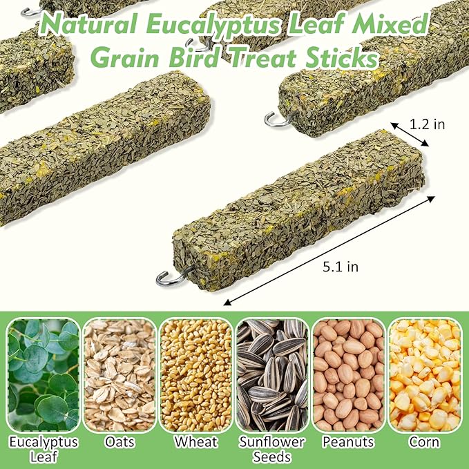 Fhiny 2 PCS Parakeet Treats, Natural Cockatiel Food Eucalyptus Leaves Mixed Grains Parrot Snack Sticks Bird Treats for Budgerigars Lovebirds Canaries Conurus Finches
