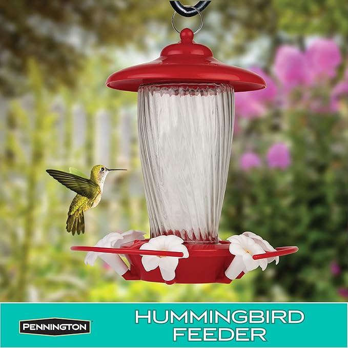 Pennington 32 oz Decorative Glass Hummingbird Feeder, Red