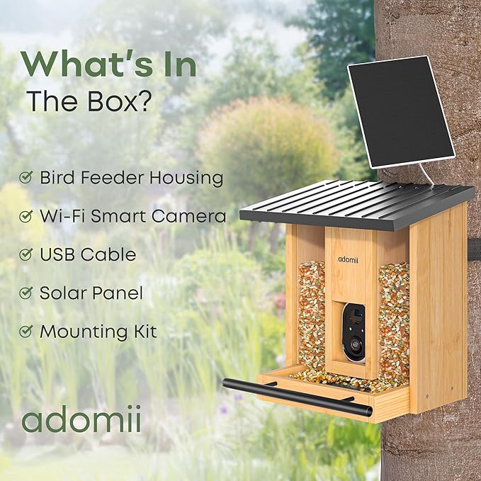 Adomii Bird Feeder with Camera, 2.4L Solar Powered Birdfeeder with AI Bird Identification & Alerts, Squirrel-Proof & Weatherproof, Adomii Window Bird Feeder with Double Bin, 1080p HD Live Camera