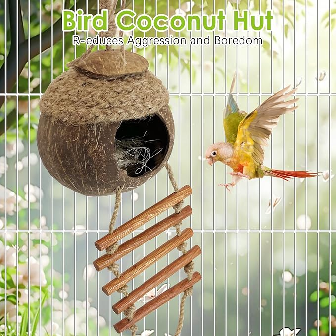 Tfwadmx Coconut Bird Nest Hut with Ladder Natural Coconut Fiber Shell Hanging Coco Birds House Parrot Cage Decor for Parrot Parakeet Lovebird Finch Canary