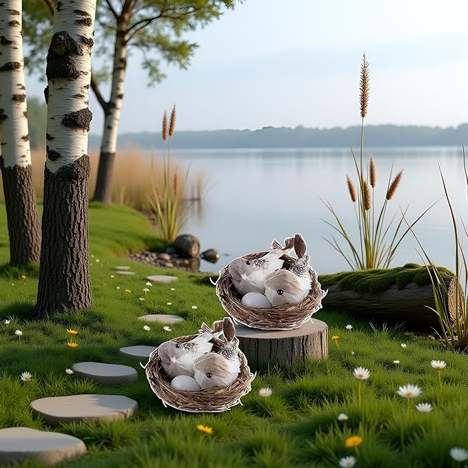 GANPUB 2Pcs Simulation Bird Nest with Bird and Eggs Decor, Fake Foam Feather Birds, Artificial Birds, for DIY Craft Tree Decoration