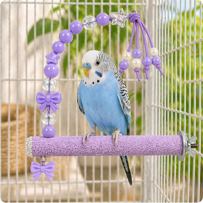 Bird Parrot Perch with Beads and Bow Chew Toy,Cage Platform Toy and Exercise Accessories for Budgies Parakeets Cockatiels Conures and Lovebirds (Purple)
