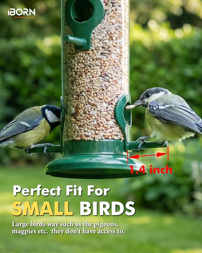 iBorn Metal Bird Feeders 6 Ports Hanging Wild Bird Seed Feeder for Mix Seed Blends, Seed Feeder, Sunflower Heart, Birdbath, Heavy Duty All Metal Green Finishing 15 Inch 6Port,Gift Box