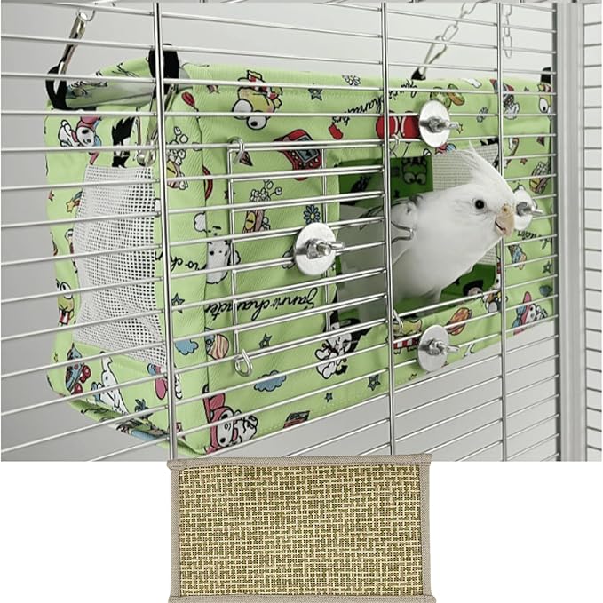 Large Spring Summer Breathable Bird Nest House, Zipper Design On The Back for Easy Cleaning, Conure Bed for Inside or Outside The Birdcage (Rectangle-Green,L)