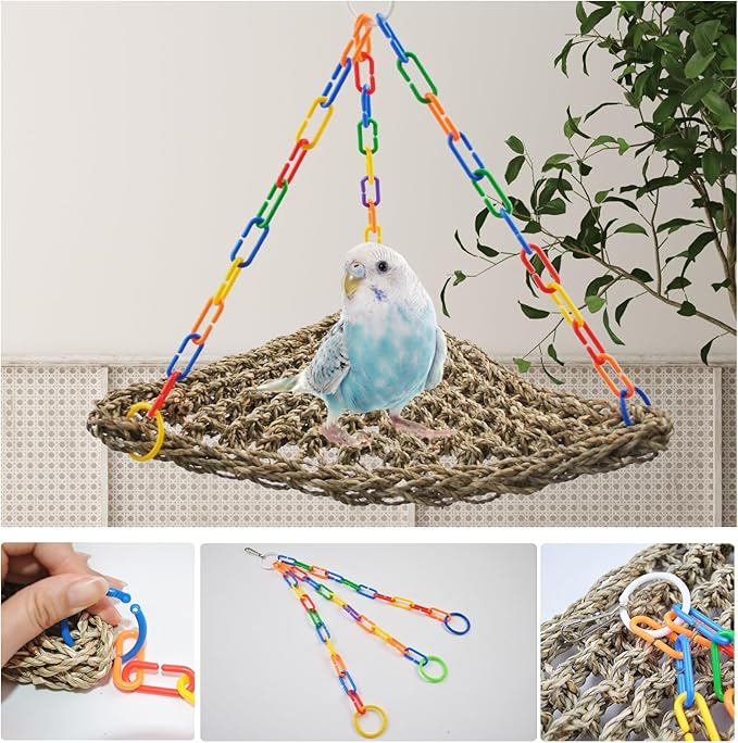 Large Seagrass Mat for Birds,Triangle Cockatiel Seagrass Hammock Natural Woven Sea Grass Mats for Birds,Parrot Foraging Grass Swing Toys for Medium Parakeets Lovebirds Cockatoos