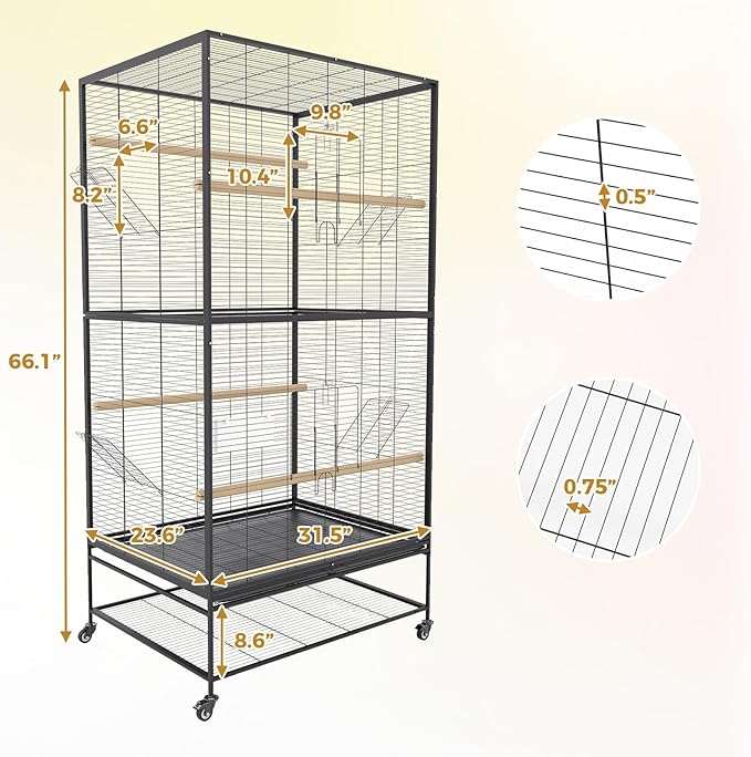 GarveeHome 66 Inch Large Bird Cage, Bird Cage with Rolling Storage Stands, Feed Bowls, Wide Tall Parrot Cage for Parakeets, Conures, Cockatiel, Cockatoo