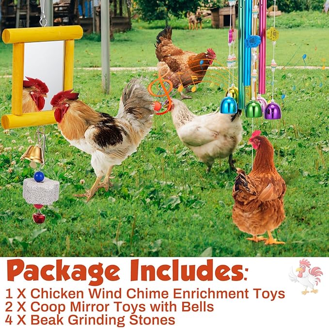 VioraWhite 7 Pcs Chicken Toys, Hanging Chicken Wind Chime, 2 Pcs Coop Mirror Toys with Bells 4 Pack Beak Grinding Stones, Musical Coop Accessories for Hens Roosters Chicks Poultry Birds(Yellow，Green)