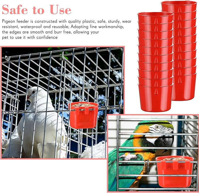 Sumind 60 Pcs Cage Cups Chicken Feeder Birds Hanging Feeders Seed Bowl 8 oz Plastic Water Bowl Hanging Chicken Gamefowl Waterer Feeding Watering Dish Coop Cups for Parrot Parakeet Poultry(Red)