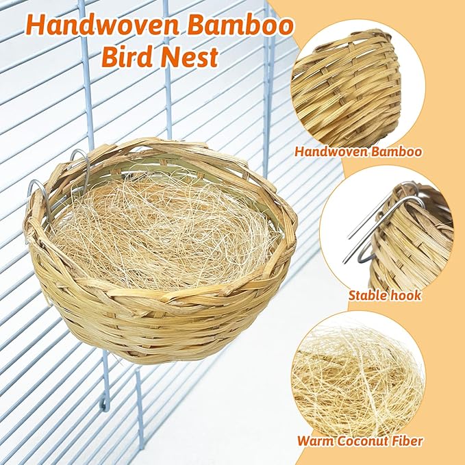 VCEPJH Handmade Bird Nest for Cage 4 Pack Bamboo Canary Breeding Nest with Hook Finch Nesting Hatching House with Fiber Liner for Littile Finch Parakeet Cockatiel Budgie