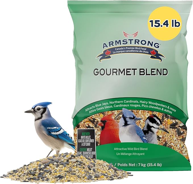 Armstrong Bird Food Gourmet Blend, 15.4 Pounds - with White & Red Millet, Cut Corn, Wheat, Black Oil Sunflower, Striped Sunflower, Peanuts & Safflower for Blue Jays and Northern Cardinals