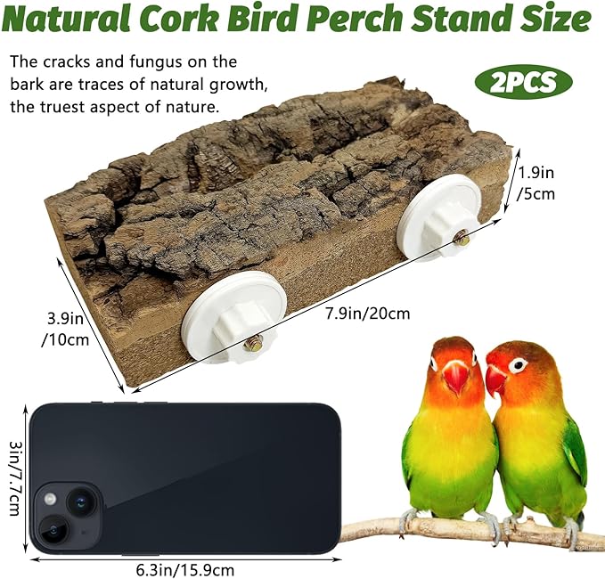 kathson 2Pcs Natural Cork Bird Perch Stand Platform Small Birds Thicken Wooden Rectangle Stand Perch Parakeet Chewing Toy Cage Accessories for Lovebirds Cockatiels Conures(Double Screw, 1.9 in Thick)