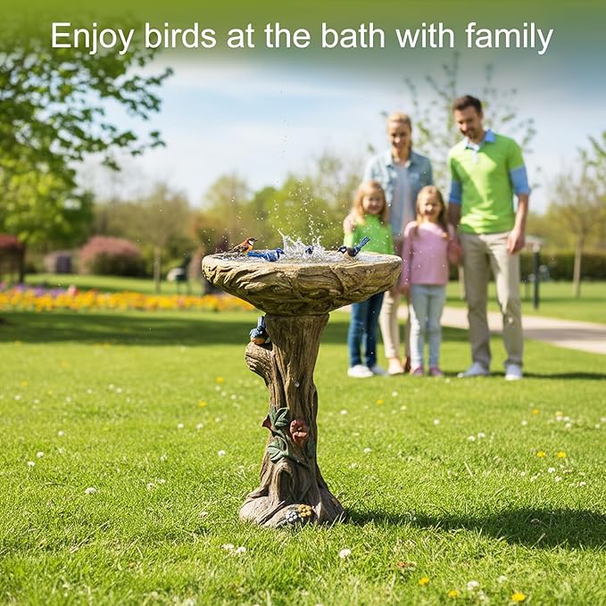 SKYFIRE 25.5” H Fibre Reinforced Concrete Bird Bath with Birds for Garden, Woodland Tree Trunk Decoration Outdoor Bird Bath，Pedestal Birdbaths for Outdoors, Garden, Patio, Lawn, Backyard