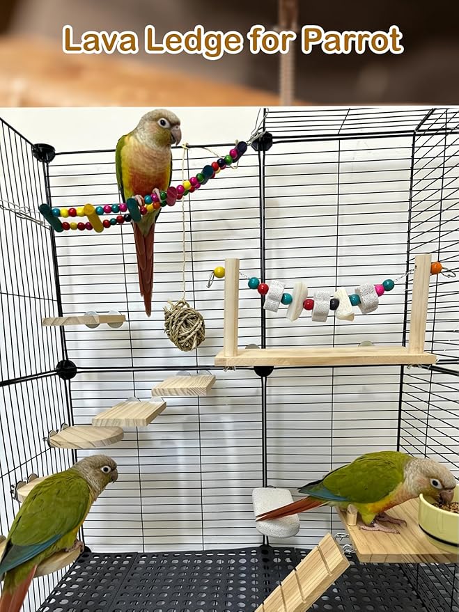 Bird Ledges Wood Sets, Parakeet Wooden Stand Platform with Lava Ledge Blocks Chew Toys Bird Cage Cage Accessories for Finches Canaries Cockatiels Parrot
