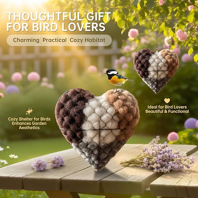 Handmade Alpaca Fiber Bird Nesting Heart, Refillable Nesting Material Accessory for Wild Birds, Outdoor Garden Decoration, Gift for Bird & Nature Lovers, Hummingbird Nesting Material (1 set)